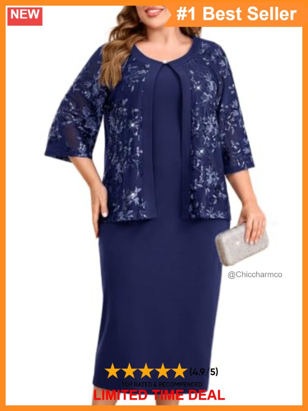 Plus Size 2 Piece Sequin Jacket Midi Dress Set Formal Party Suit